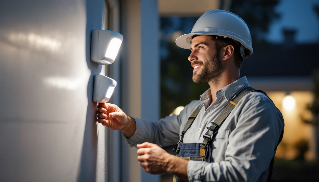 A photograph of a lighting contractor installing or adjusting a motion light sensor in a residential or commercial setting