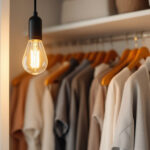 A photograph of a close-up of a stylish closet pull string light in a beautifully organized closet