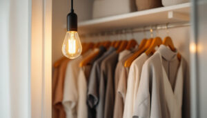 A photograph of a close-up of a stylish closet pull string light in a beautifully organized closet