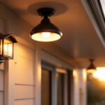 A photograph of a beautifully designed back porch featuring an elegant ceiling light fixture with motion sensor capabilities