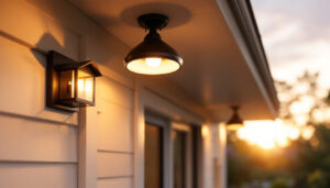 A photograph of a beautifully designed back porch featuring an elegant ceiling light fixture with motion sensor capabilities