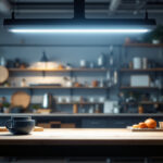A photograph of a well-lit workshop or retail space showcasing an 8' led shop light fixture in use