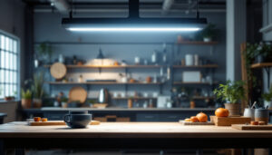 A photograph of a well-lit workshop or retail space showcasing an 8' led shop light fixture in use
