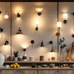 A photograph of a beautifully arranged display of various wall sconces in a well-lit lighting store