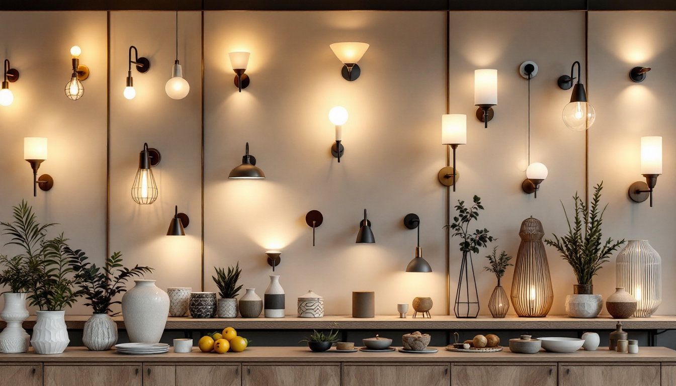 A photograph of a beautifully arranged display of various wall sconces in a well-lit lighting store