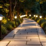 A photograph of a beautifully illuminated outdoor pathway featuring various styles of path lights