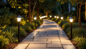 A photograph of a beautifully illuminated outdoor pathway featuring various styles of path lights