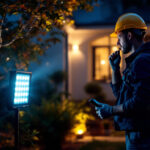 A photograph of a well-lit outdoor space featuring solar flood lights in action