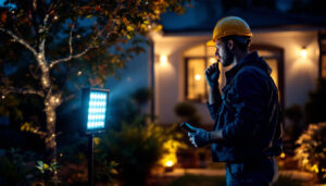 A photograph of a well-lit outdoor space featuring solar flood lights in action
