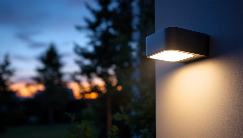 A photograph of a modern outdoor lighting fixture equipped with a motion sensor