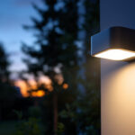 A photograph of a modern outdoor lighting fixture equipped with a motion sensor