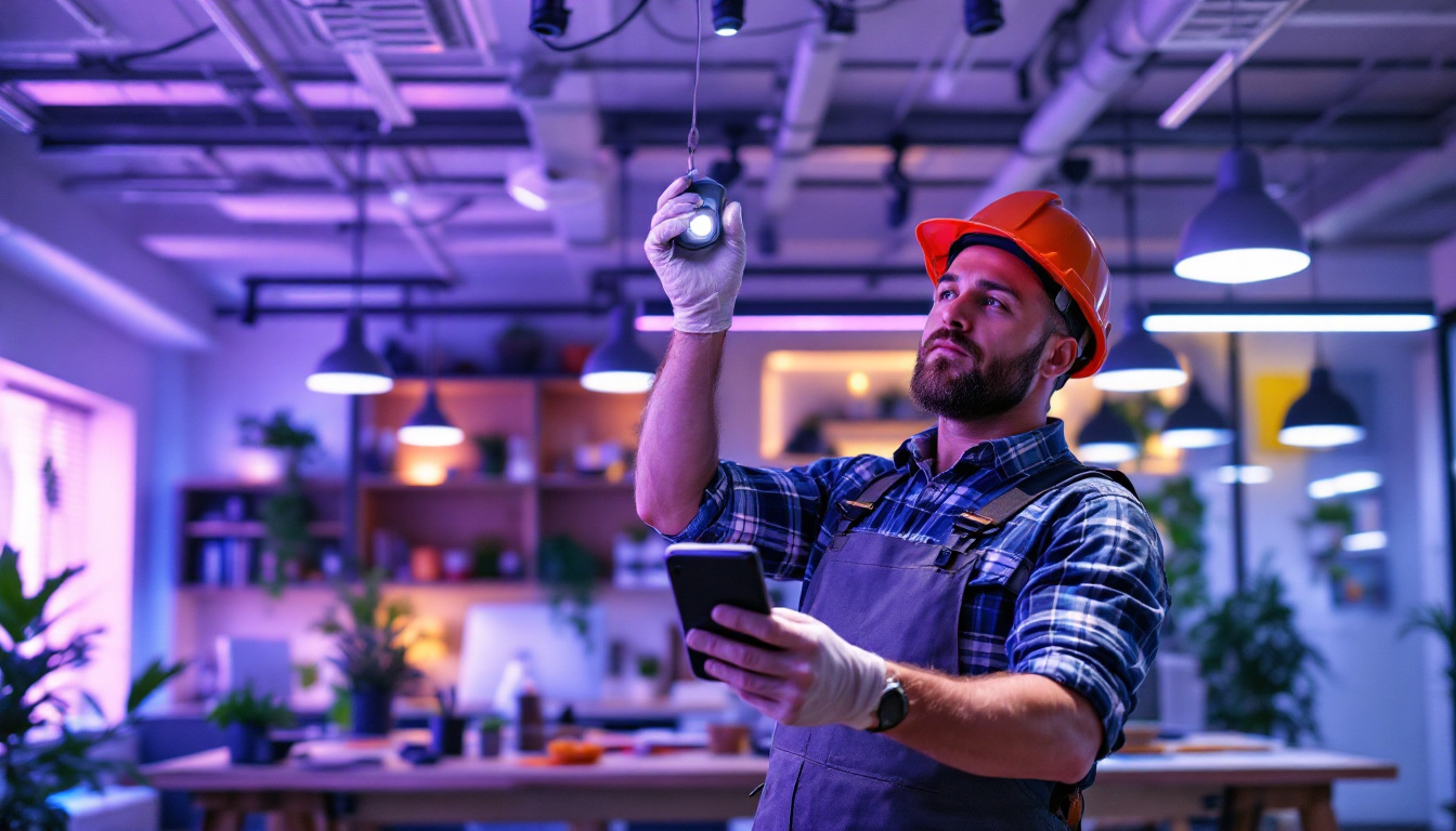 A photograph of a lighting contractor efficiently installing led fixtures in a modern workspace