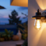 A photograph of a stylishly designed wall-mounted exterior light illuminating a cozy outdoor space during twilight