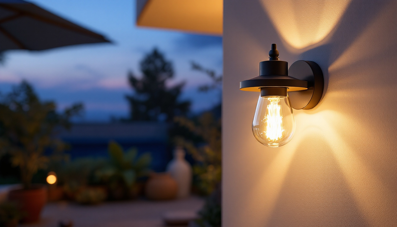 A photograph of a stylishly designed wall-mounted exterior light illuminating a cozy outdoor space during twilight
