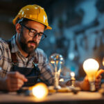 A photograph of a lighting contractor examining a variety of light bulbs