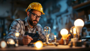 A photograph of a lighting contractor examining a variety of light bulbs
