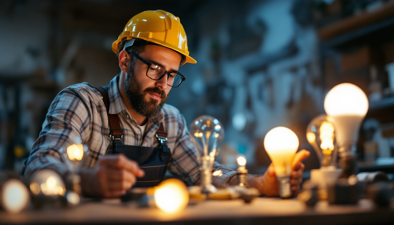 A photograph of a lighting contractor examining a variety of light bulbs
