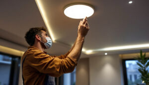 A photograph of a well-lit interior space featuring stylish recessed lighting