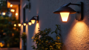 A photograph of a well-lit outdoor space showcasing various styles of solar-powered wall-mounted lights installed on a home or garden wall