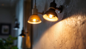 A photograph of a well-lit room featuring four stylish can lights in a modern setting
