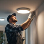 A photograph of a lighting contractor expertly installing led recessed lights in a modern home setting
