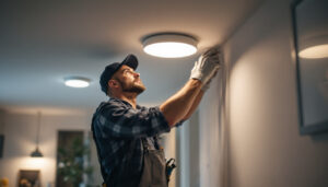 A photograph of a lighting contractor expertly installing led recessed lights in a modern home setting
