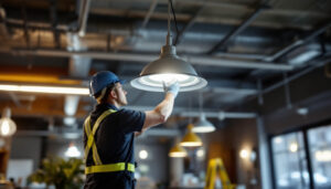 A photograph of a well-lit vapor tight fixture installed in a commercial setting