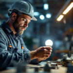 A photograph of a lighting contractor examining a type b led bulb in a well-lit workspace