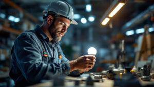 A photograph of a lighting contractor examining a type b led bulb in a well-lit workspace