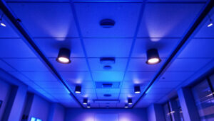 A photograph of a well-lit drop ceiling installation in a commercial space