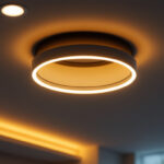 A photograph of a close-up shot of a recessed trim ring installed in a ceiling
