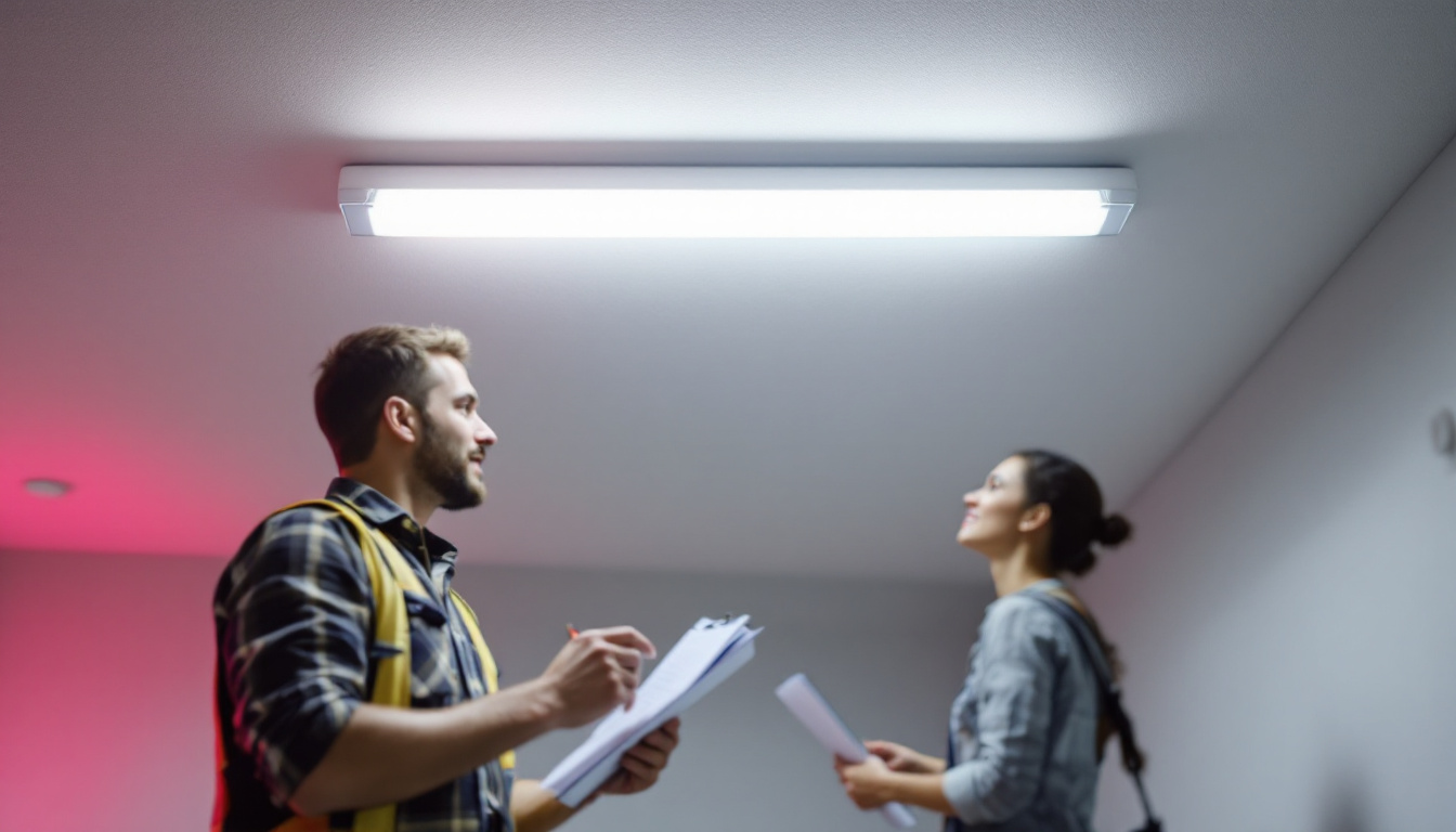 A photograph of a well-lit room featuring a modern fluorescent ceiling light installation