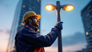 A photograph of a lighting contractor inspecting a tall led light pole in an urban setting