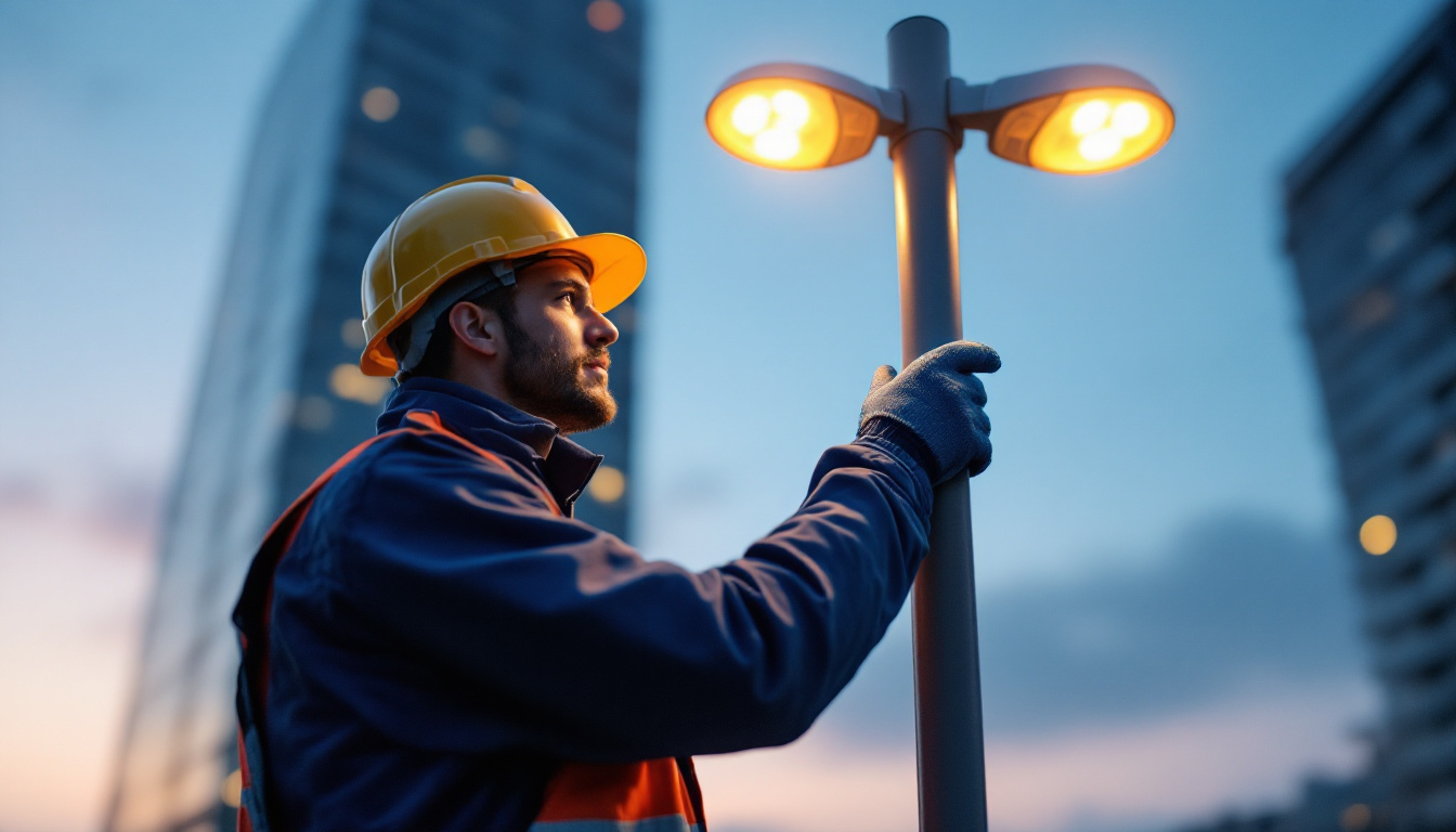 A photograph of a lighting contractor inspecting a tall led light pole in an urban setting