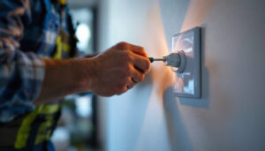 A photograph of a lighting contractor efficiently installing a single plug outlet in a well-lit residential setting