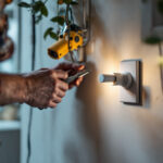 A photograph of a lighting contractor examining a modern electrical receptacle installation in a well-lit