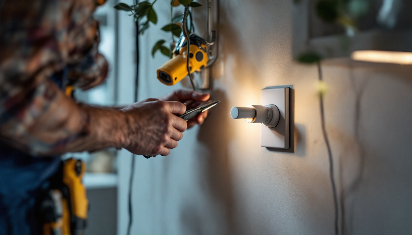 A photograph of a lighting contractor examining a modern electrical receptacle installation in a well-lit