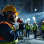 A photograph of a lighting contractor in action