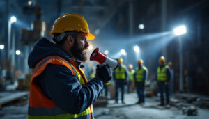 A photograph of a lighting contractor in action