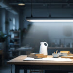 A photograph of a well-lit workshop or retail space showcasing a 4ft led shop light fixture in use