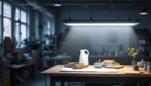 A photograph of a well-lit workshop or retail space showcasing a 4ft led shop light fixture in use