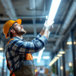 A photograph of a lighting contractor installing led tube bulbs in a commercial space