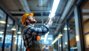 A photograph of a lighting contractor installing led tube bulbs in a commercial space