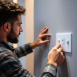 A photograph of a skilled lighting contractor installing a modern switch and receptacle in a stylish residential setting