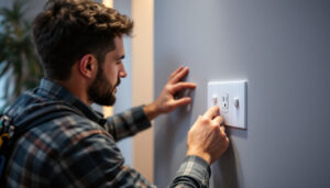 A photograph of a skilled lighting contractor installing a modern switch and receptacle in a stylish residential setting
