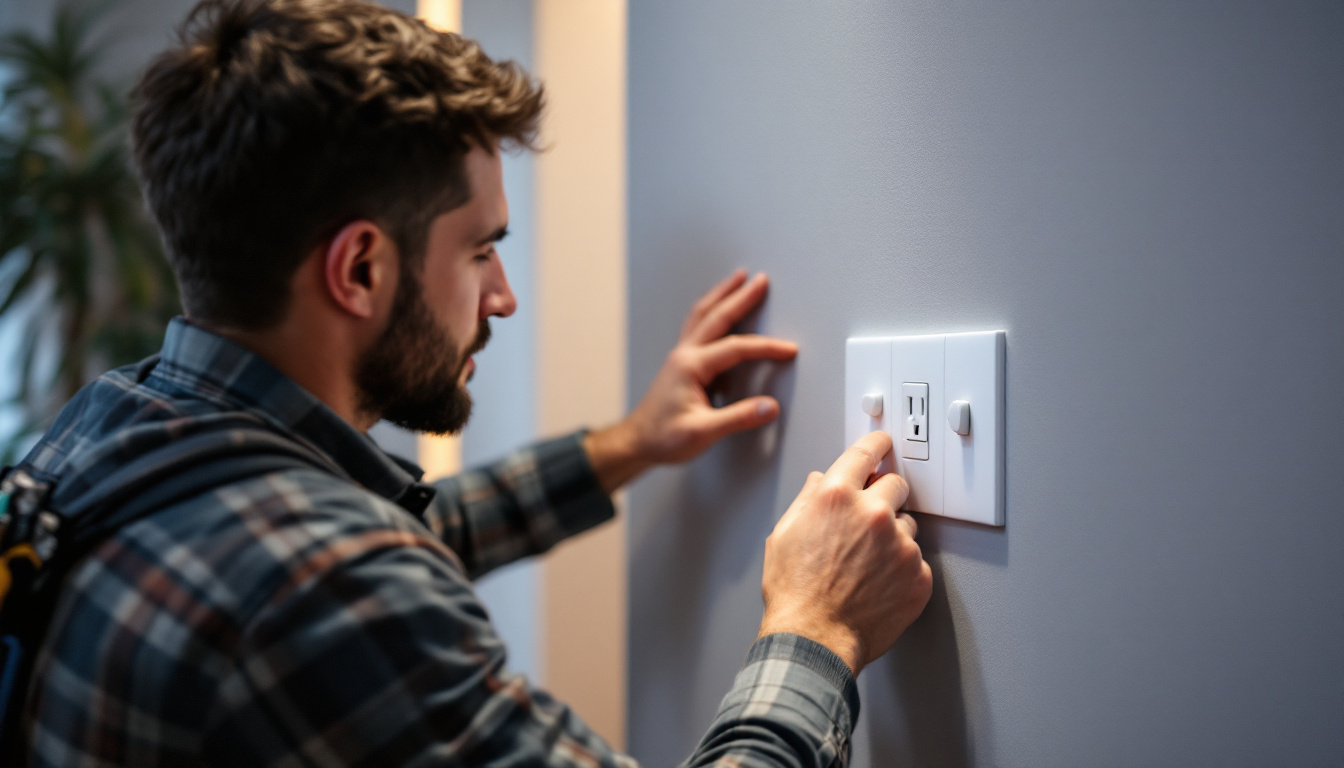 A photograph of a skilled lighting contractor installing a modern switch and receptacle in a stylish residential setting