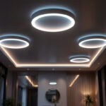 A photograph of a modern interior space featuring stylish recessed led ceiling lights