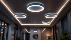 A photograph of a modern interior space featuring stylish recessed led ceiling lights