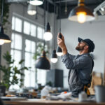 A photograph of a lighting contractor expertly installing light hangers in a well-lit space