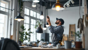 A photograph of a lighting contractor expertly installing light hangers in a well-lit space